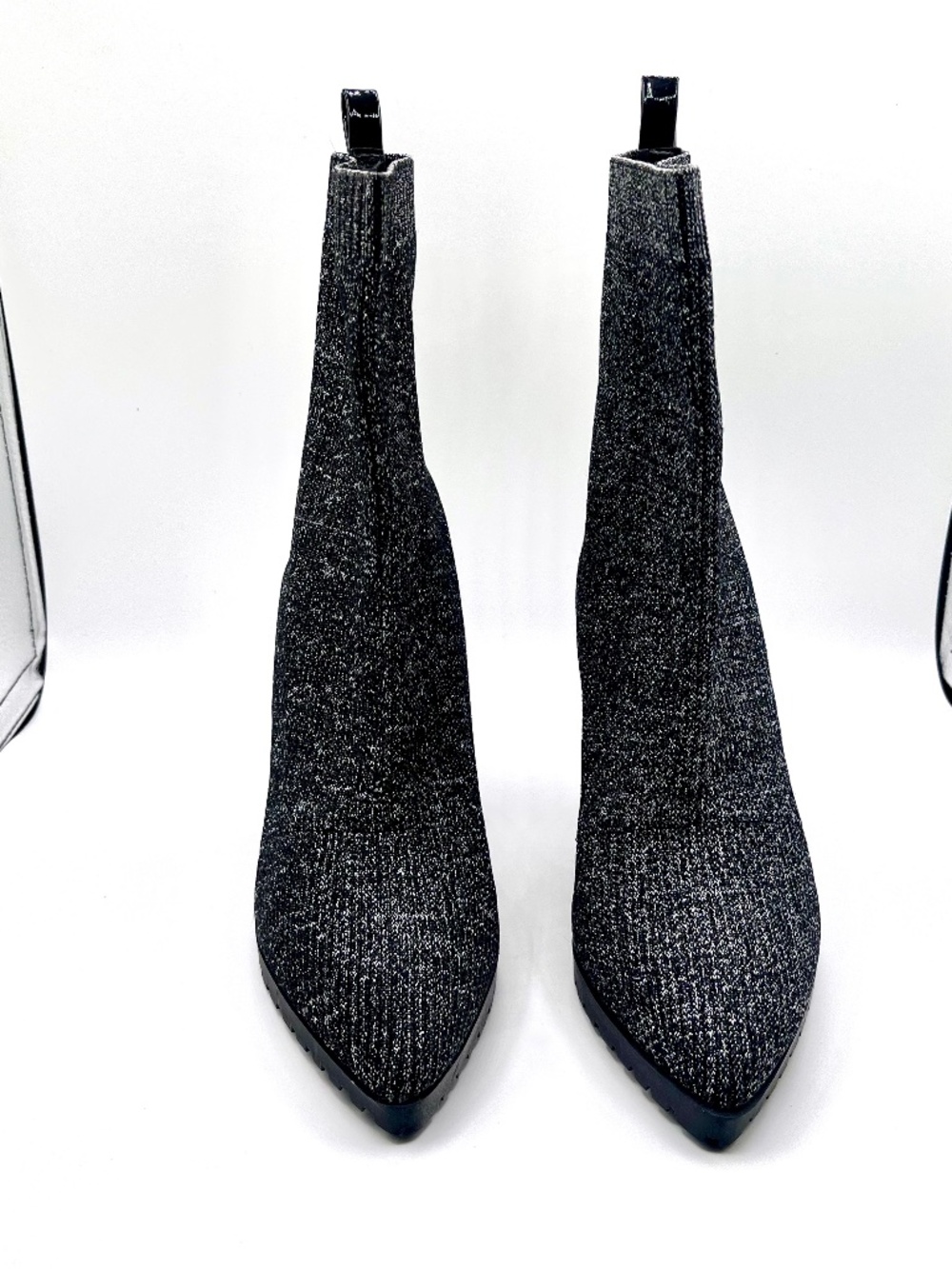 Mix No. 6 stiletto black/silver fabric ankle bootie, 7 1/2M